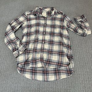 American Eagle 100% Cotton Plaid Boyfriend Flannel Button Shirt White Navy L